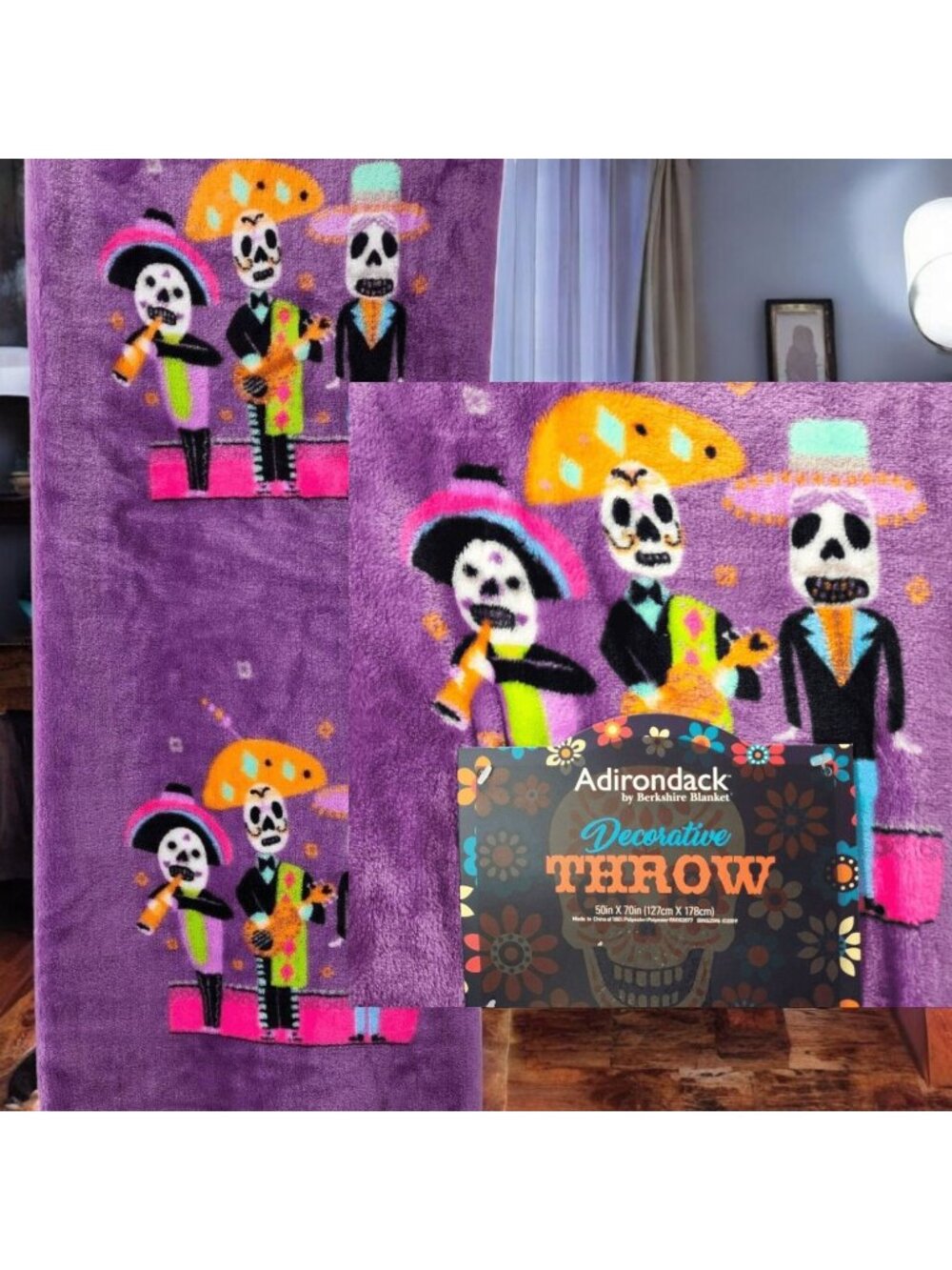 Adirondack Day Of The Dead Themed Halloween Purple Throw Blanket 50"x70" Gothic